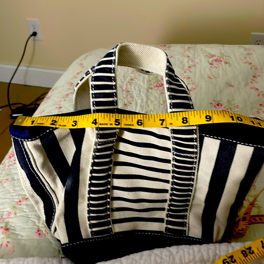 Land’s End navy and white strip small tote.
